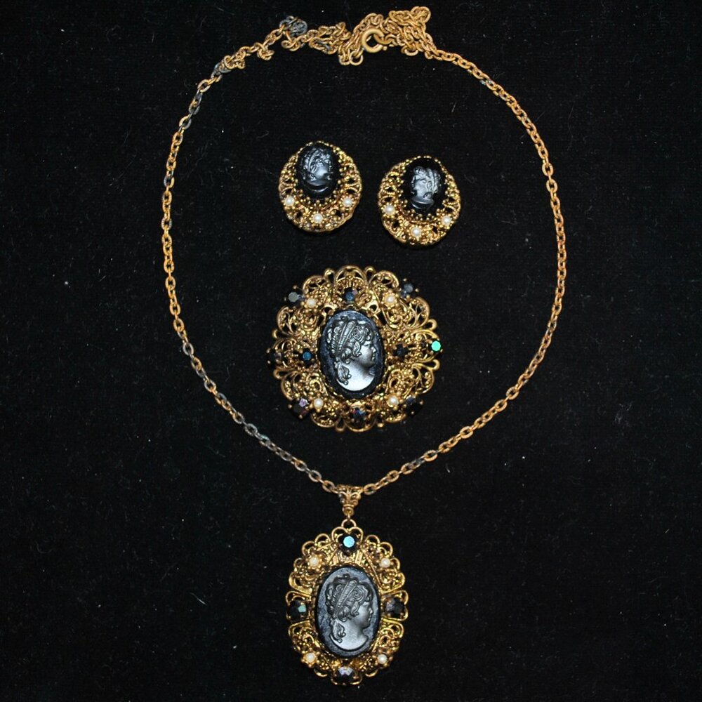 Vintage West Germany Black Glass Cameo Jewelry Set - Necklace, Brooch & Earrings